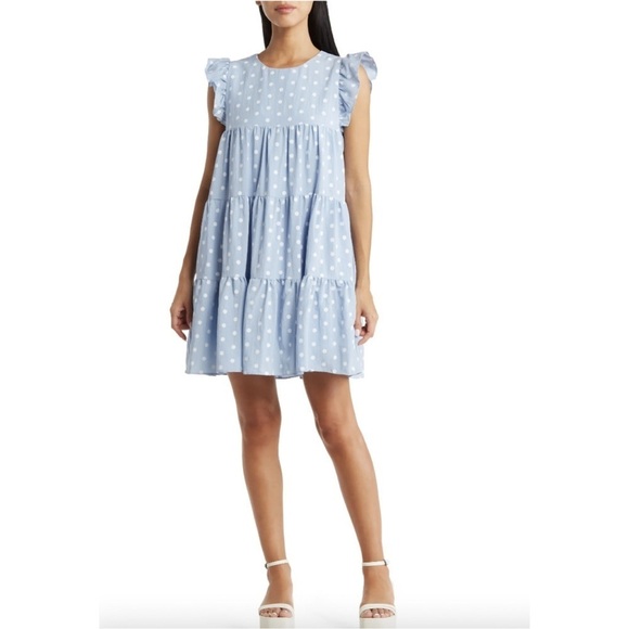 English Factory Blue Polka Dot Tiered Babydoll Mini Dress - Picture 1 of 5